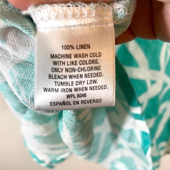 JM Collection Linen Roll-Tab Sleeve Abstract Print Top Plus Size 16W Aqua White - Picture 10 of 15